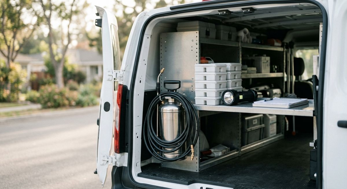 Open rear doors of a service van with a pump sprayer, coiled hose, and stacked bait stations