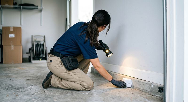 Technician kneeling in a garage placing a monitoring station along the base of the wall