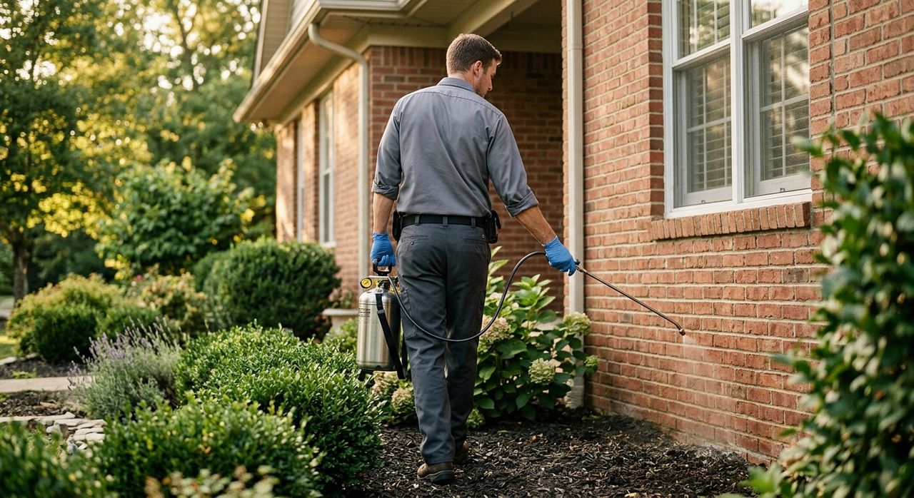 Pest control technician treating the foundation line of a brick house with a sprayer wand
